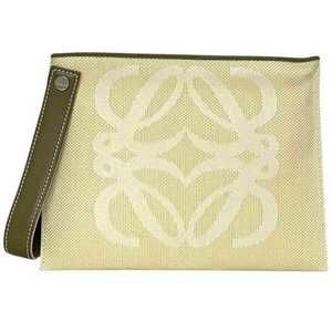 Loewe pouch ec-23874 in natural beige and khaki with an anagram on canvas lea...